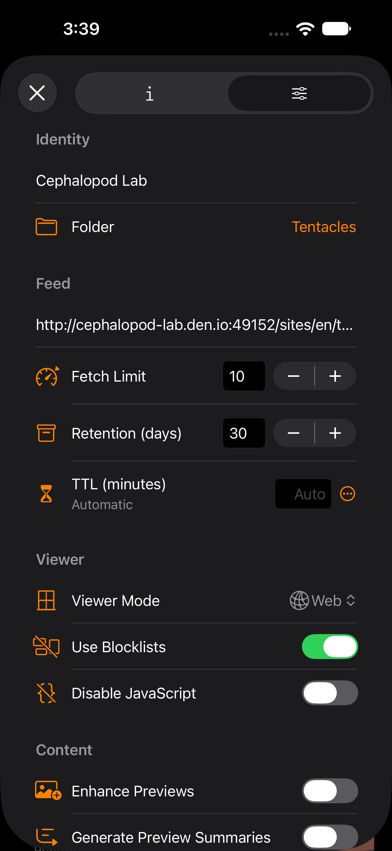 Channel content with inspector shown. Dark appearance