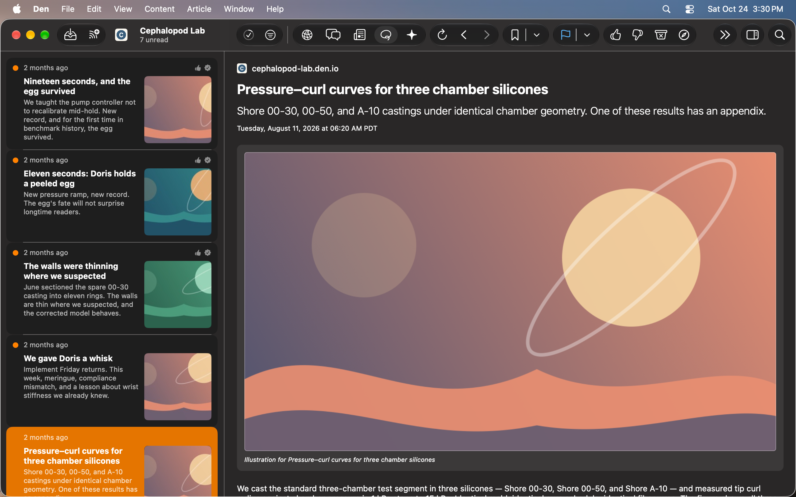 Reader mode with sidebar and inspector collapsed. Dark appearance.