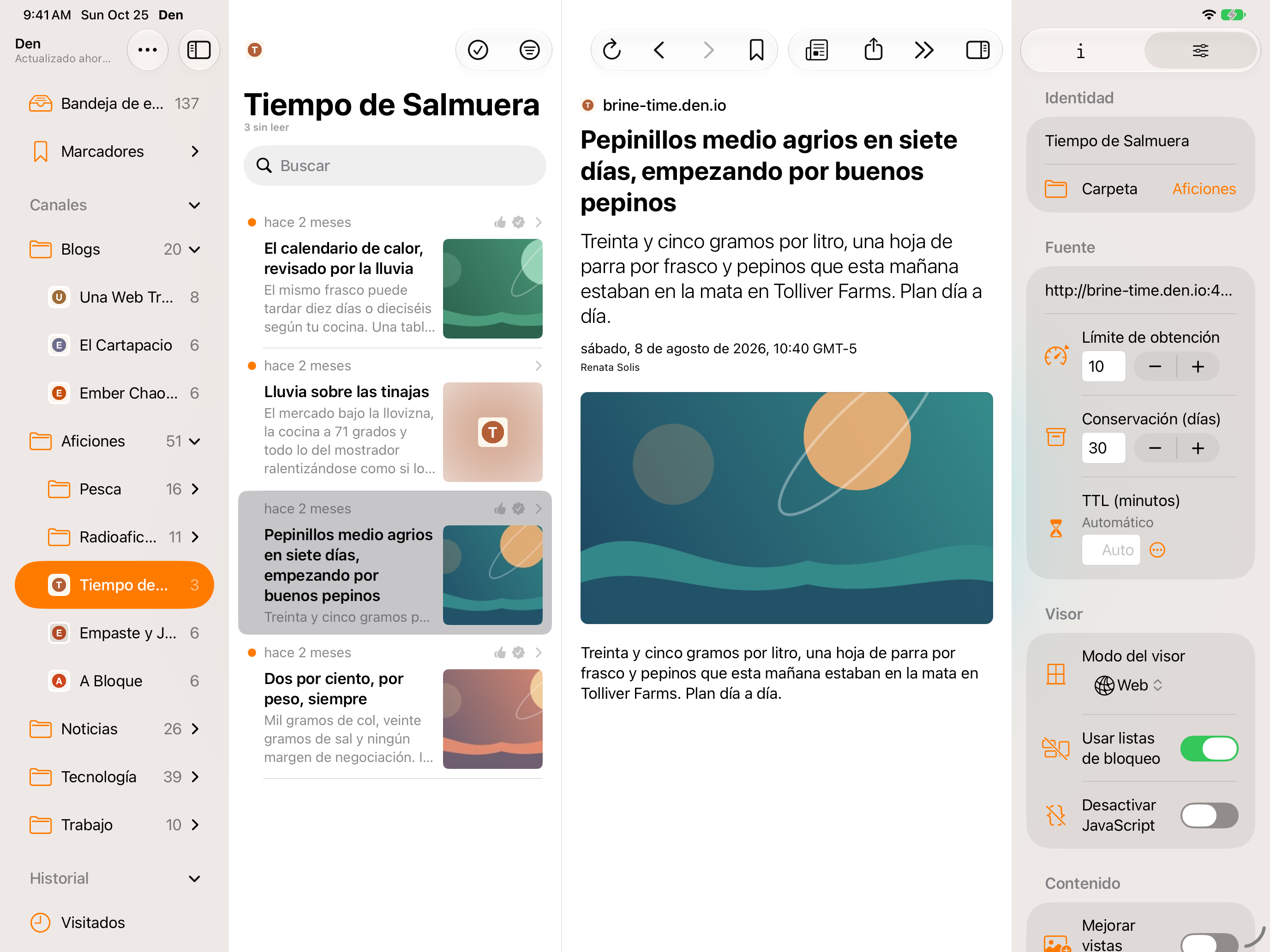 Modo de visor de contenido de la fuente en la columna de detalle, canal seleccionado en la barra lateral visible, inspector abierto con la pestaña de ajustes del canal seleccionada. Apariencia clara.