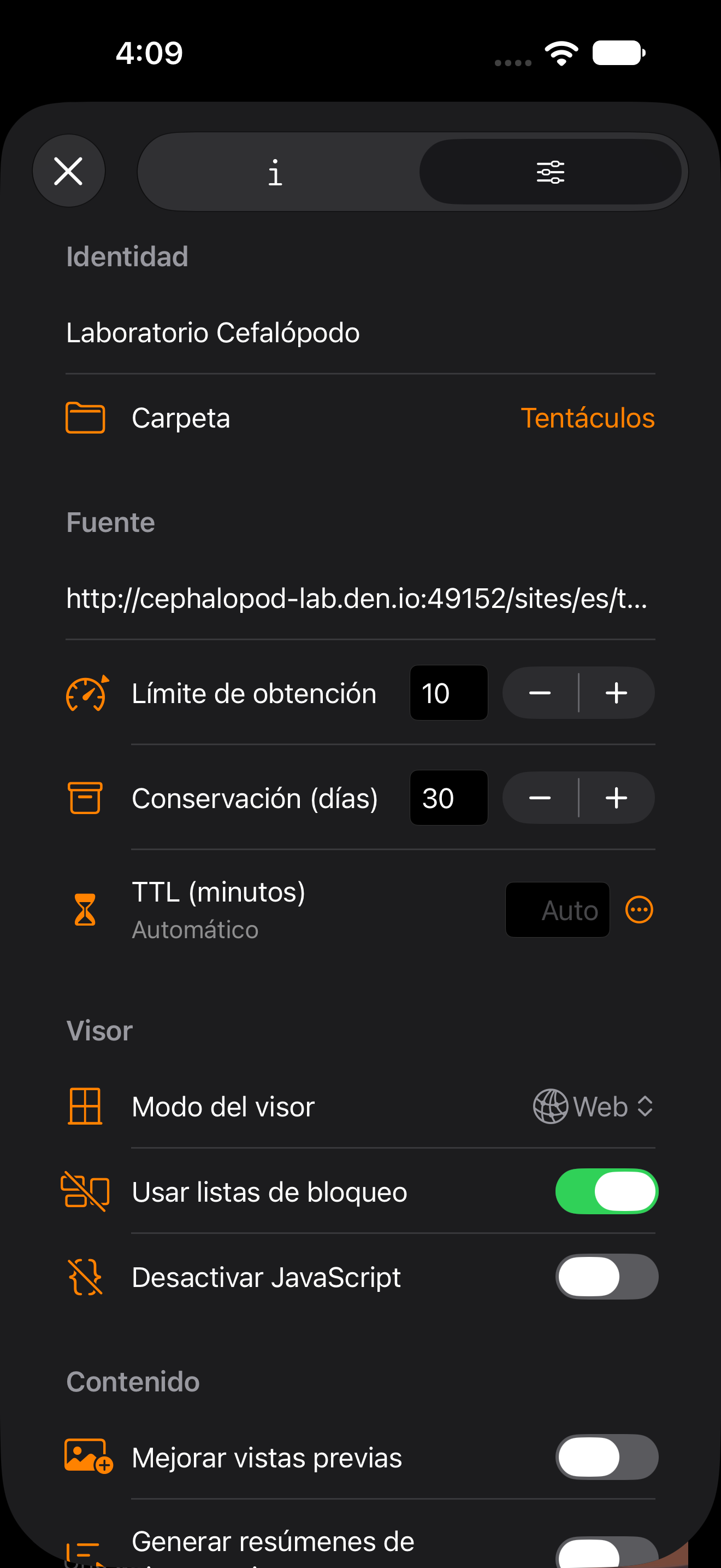 Contenido de un canal con el inspector visible. Apariencia oscura