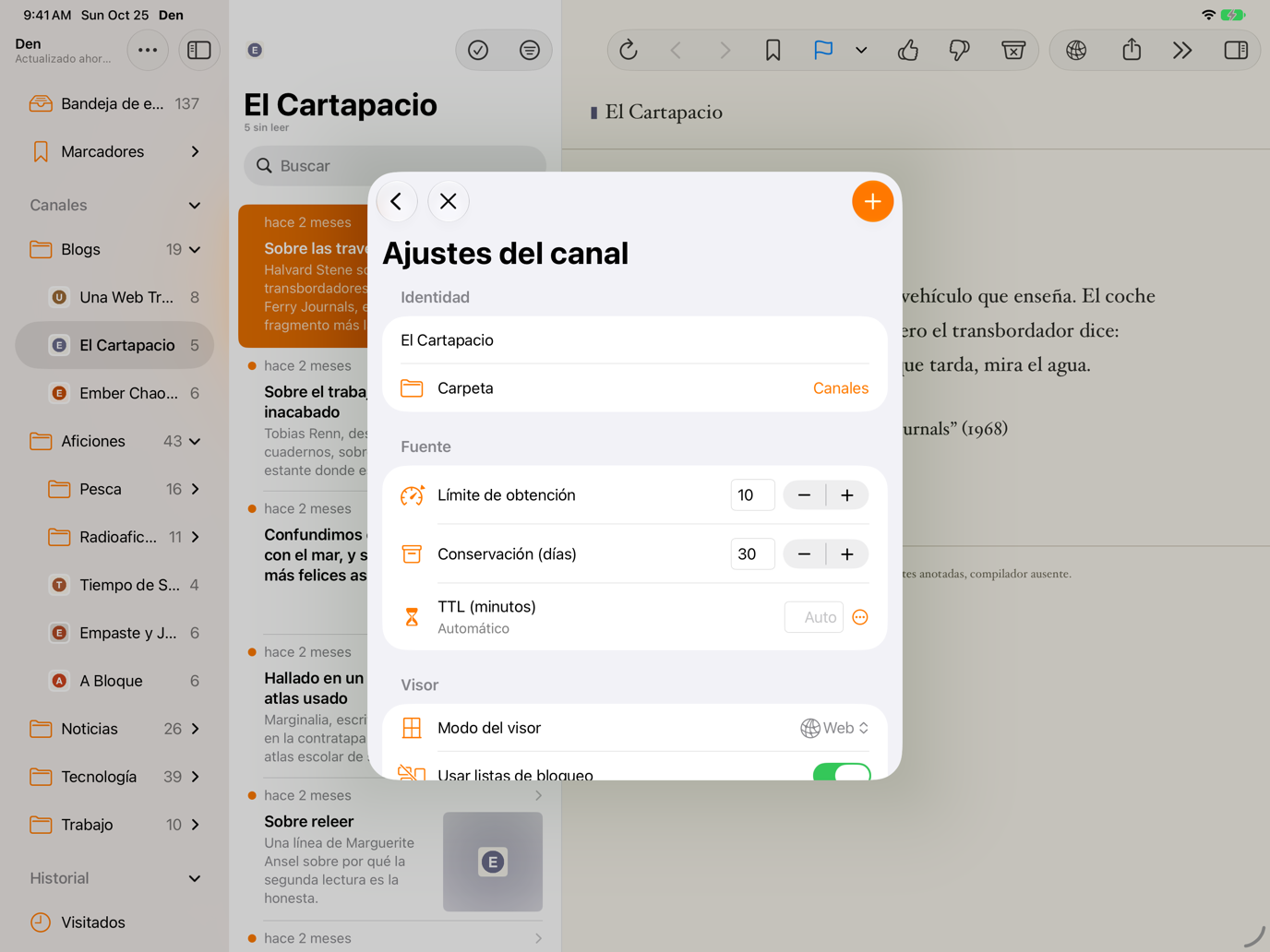 Pantalla de configuración de la hoja Nuevo canal.