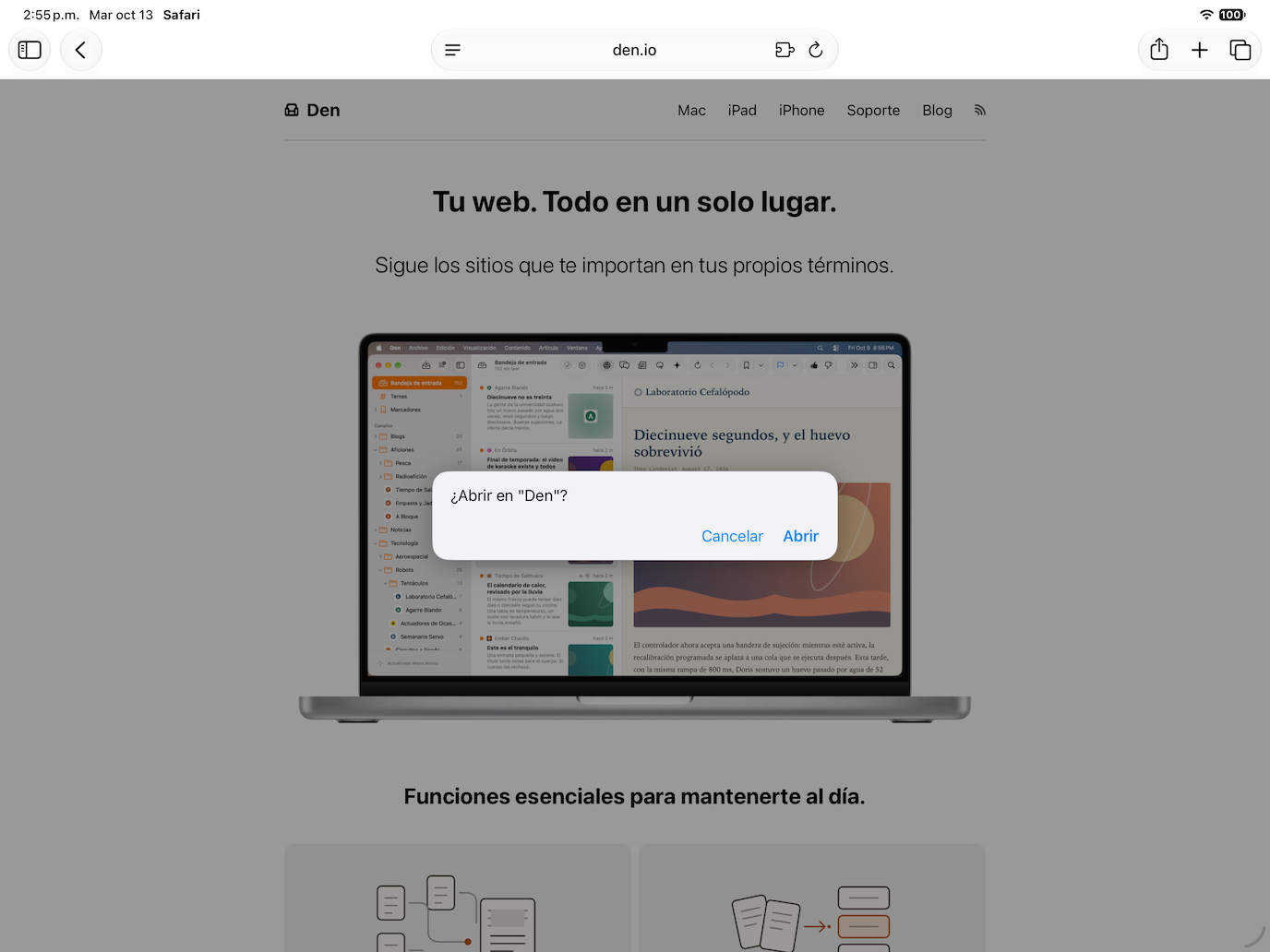 Enlace RSS en una página web simulada en Safari en el iPad.