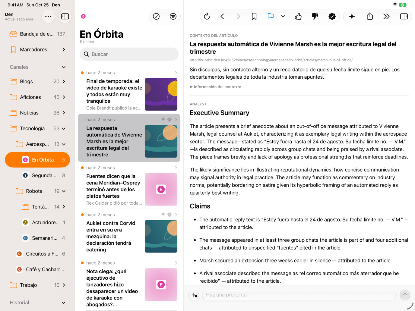 Modo de visor Analista con una evaluación generada del artículo abierto, junto a la barra lateral y la lista de artículos.
