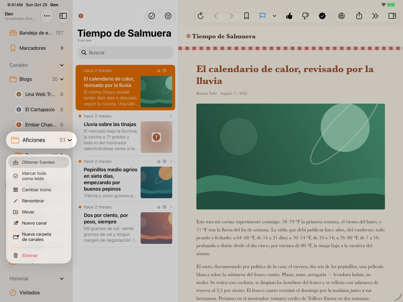Menú que aparece al mantener presionada una carpeta de canales en la barra lateral, con Nuevo canal, Obtener fuentes, Marcar todo como leído, Renombrar, Mover, Cambiar icono y Eliminar.