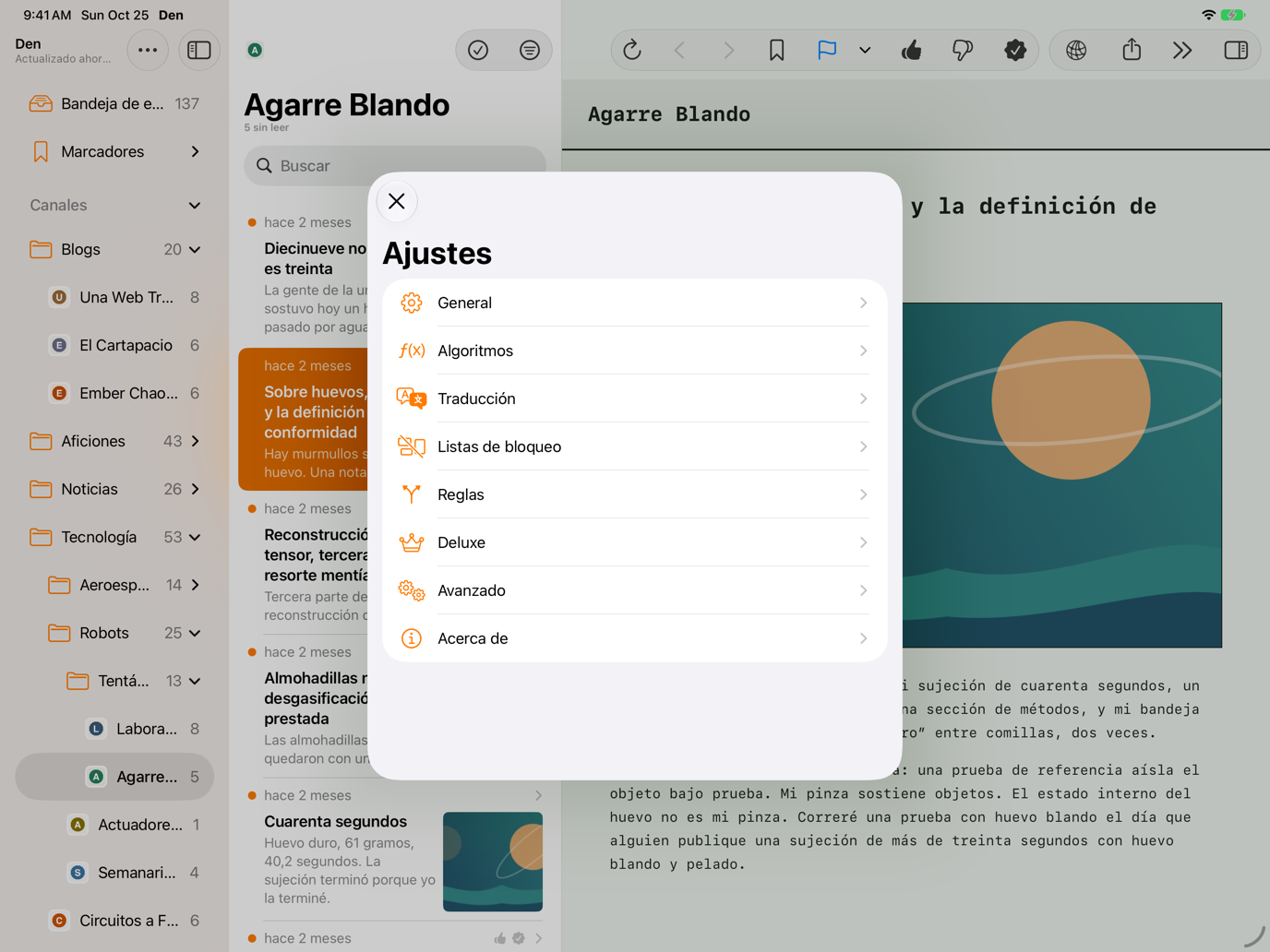 Hoja de ajustes con General, Algoritmos, Traducción, Listas de bloqueo, Reglas, Deluxe, Avanzado y Acerca de.