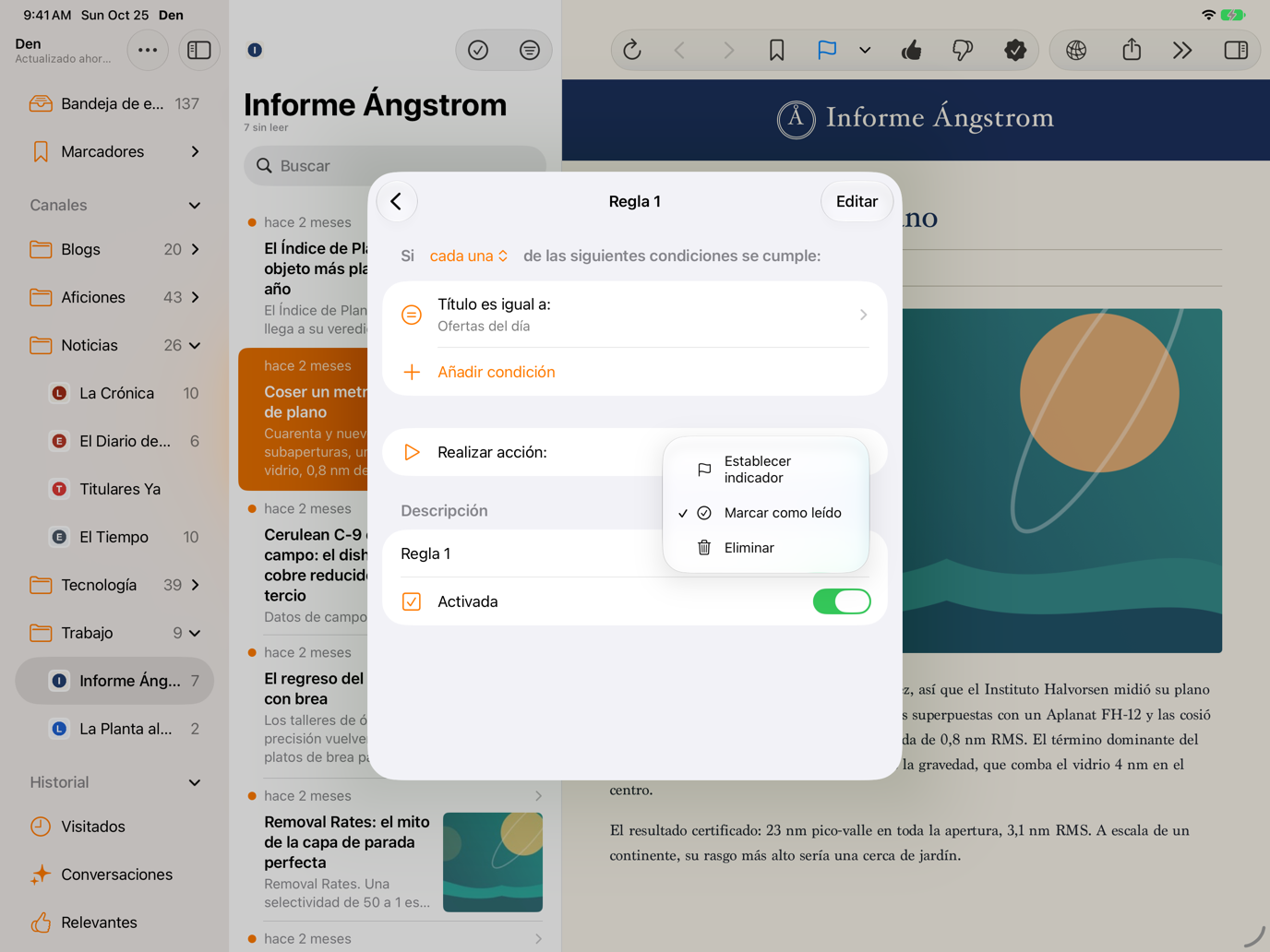 Editor de reglas con el selector de acción.