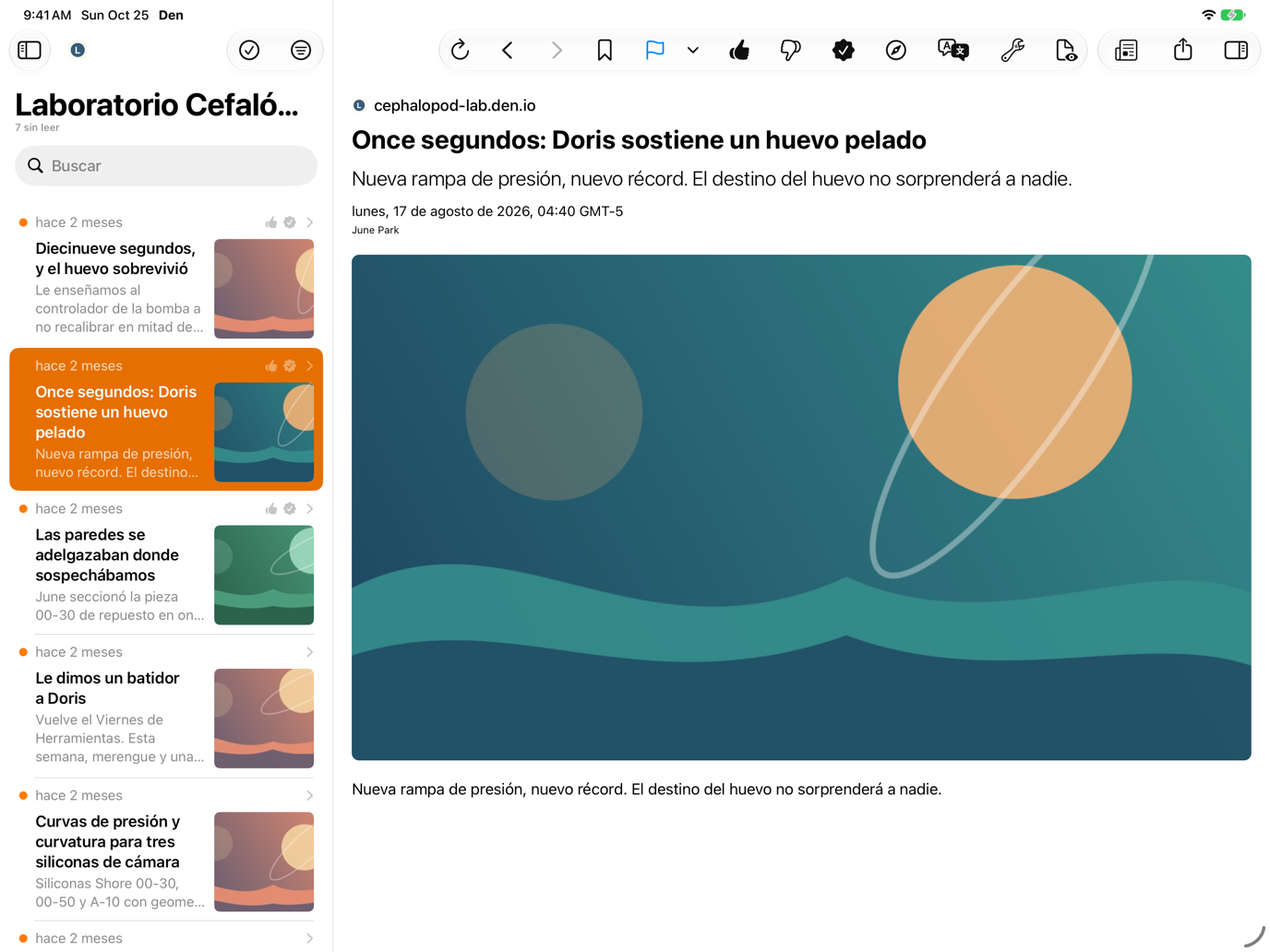 Modo de visor Contenido con el texto del artículo proporcionado por la fuente, a pantalla completa con la barra lateral contraída y el inspector oculto.