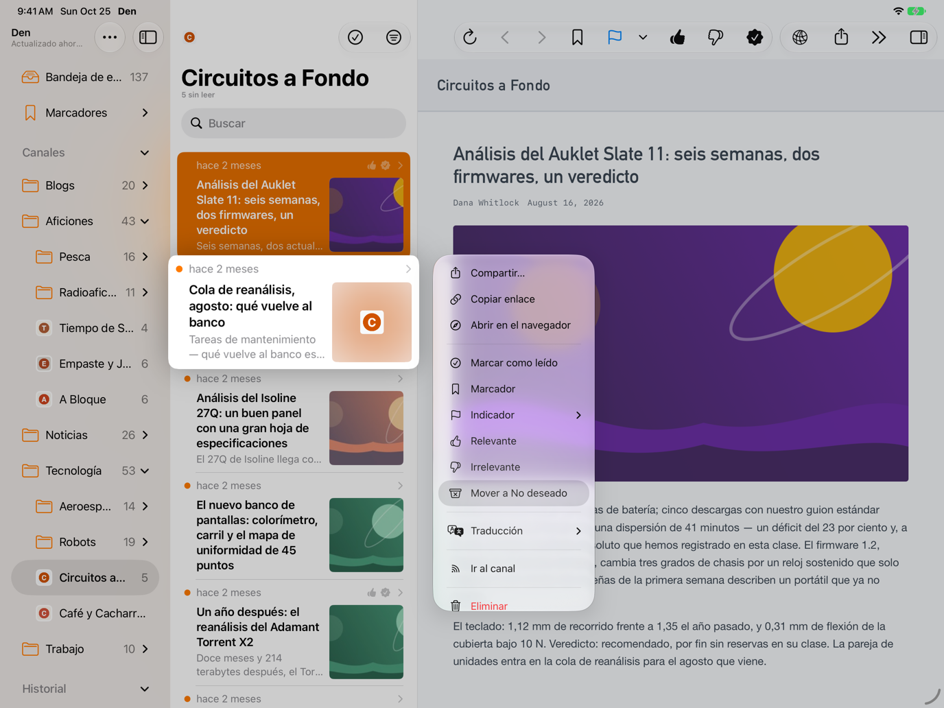 Menú que aparece al mantener presionada la vista previa de un artículo, con Mover a No deseado entre las acciones.