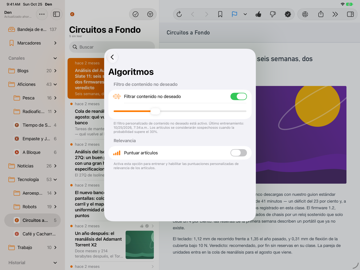 Hoja de ajustes de Algoritmos con Filtrar contenido no deseado activado en la sección Filtro de contenido no deseado y el control deslizante Umbral debajo.