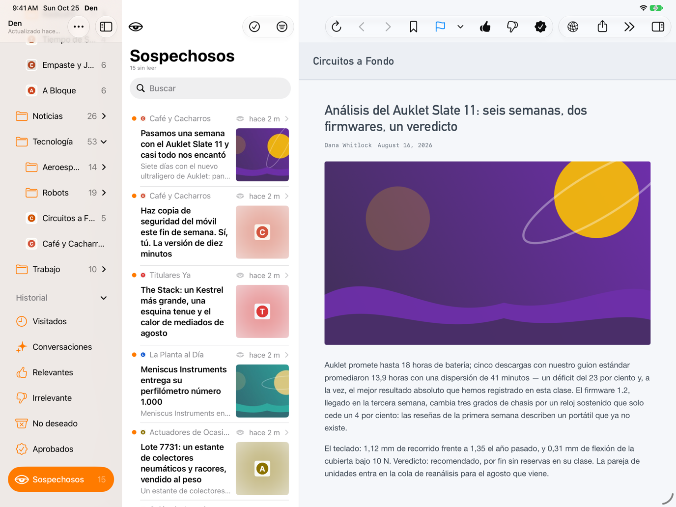 Panel Sospechosos seleccionado en la barra lateral con los artículos retenidos por el filtro de contenido no deseado.