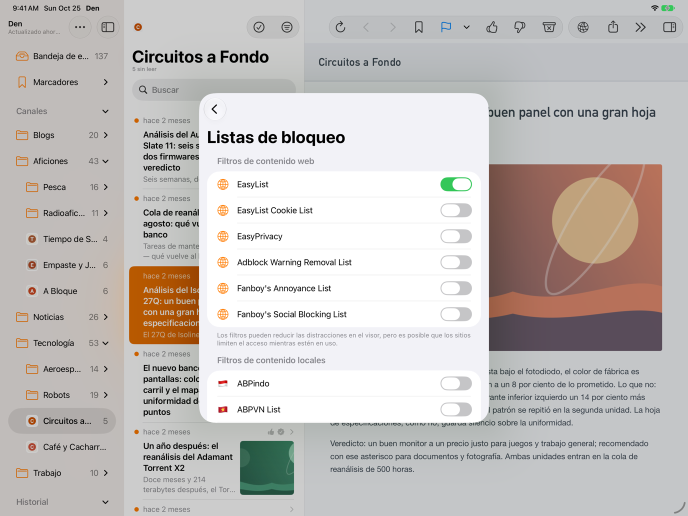 Hoja de ajustes de Listas de bloqueo con una lista de filtros activada.