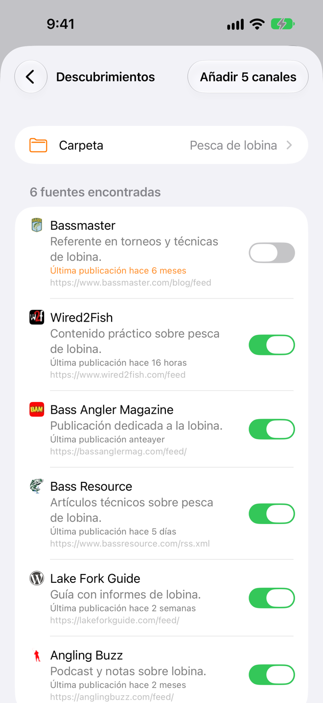 Etapa de descubrimientos de la hoja Explorar fuentes para la consulta 'Pesca deportiva de lobina'.