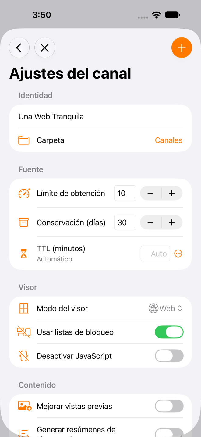 Pantalla de configuración de la hoja Nuevo canal.