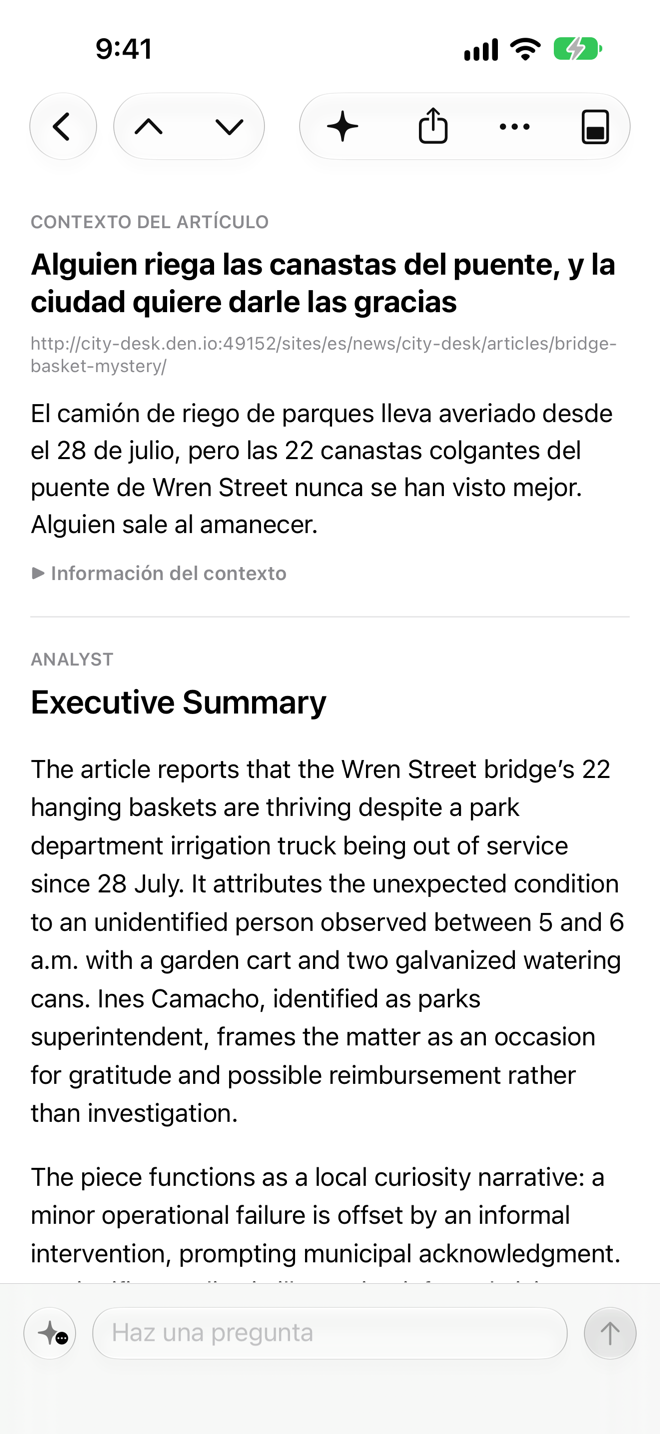 Modo de visor Analista con una evaluación generada del artículo abierto.