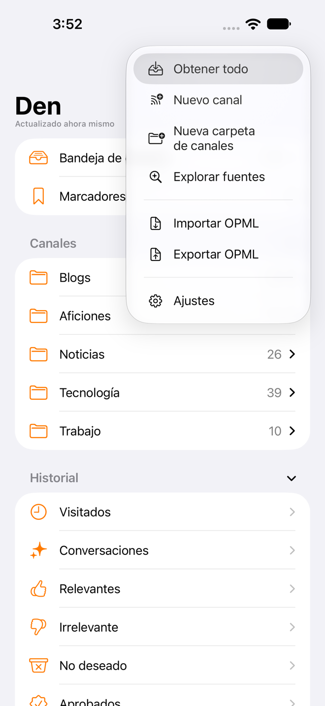 Menú Más de la barra de herramientas de la barra lateral abierto con Obtener todo como primera opción.