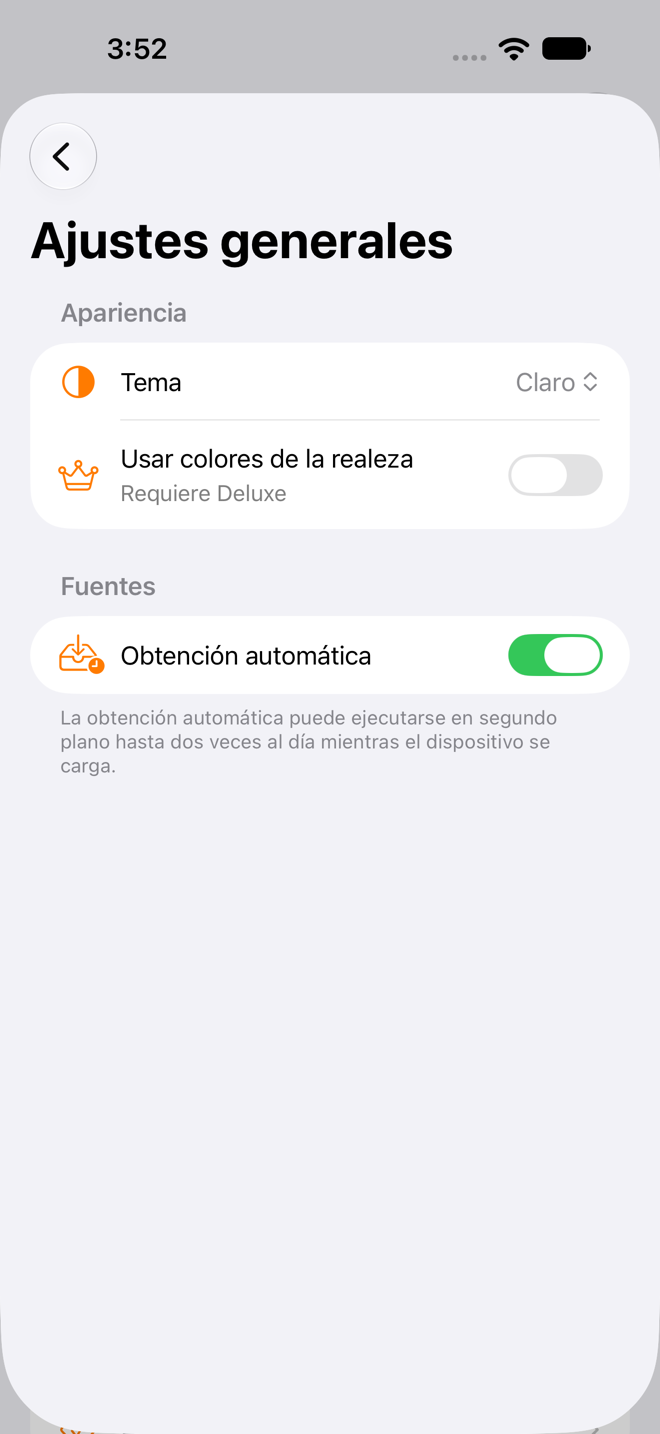 Pantalla de ajustes generales con el selector Tema y el interruptor Usar colores de la realeza en Apariencia, y el interruptor Obtención automática en Fuentes.