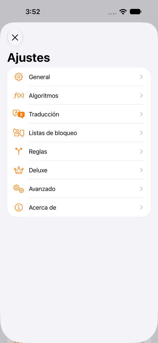 Hoja de ajustes con General, Algoritmos, Traducción, Listas de bloqueo, Reglas, Deluxe, Avanzado y Acerca de.