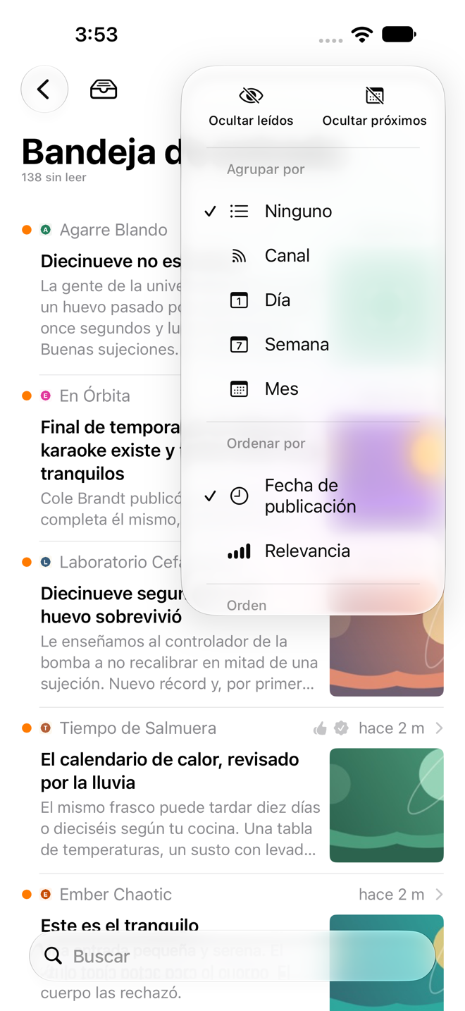 Captura de pantalla de la bandeja de entrada de Den en el iPhone con el menú de opciones abierto