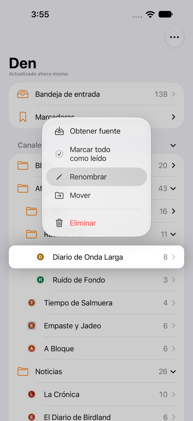 Menú que aparece al mantener presionado un canal en la barra lateral, con Obtener fuente, Marcar todo como leído, Renombrar, Mover y Eliminar.