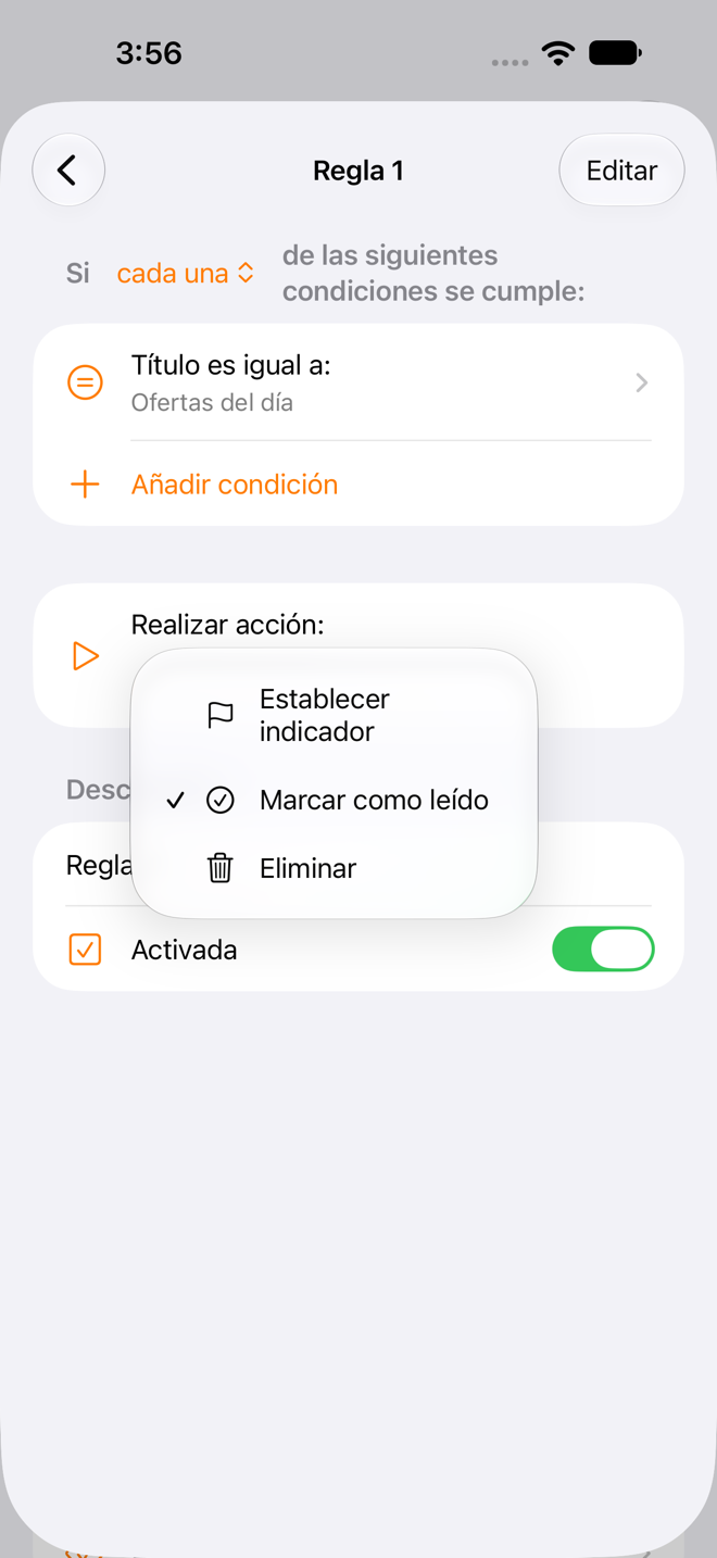 Editor de reglas con el selector de acción.