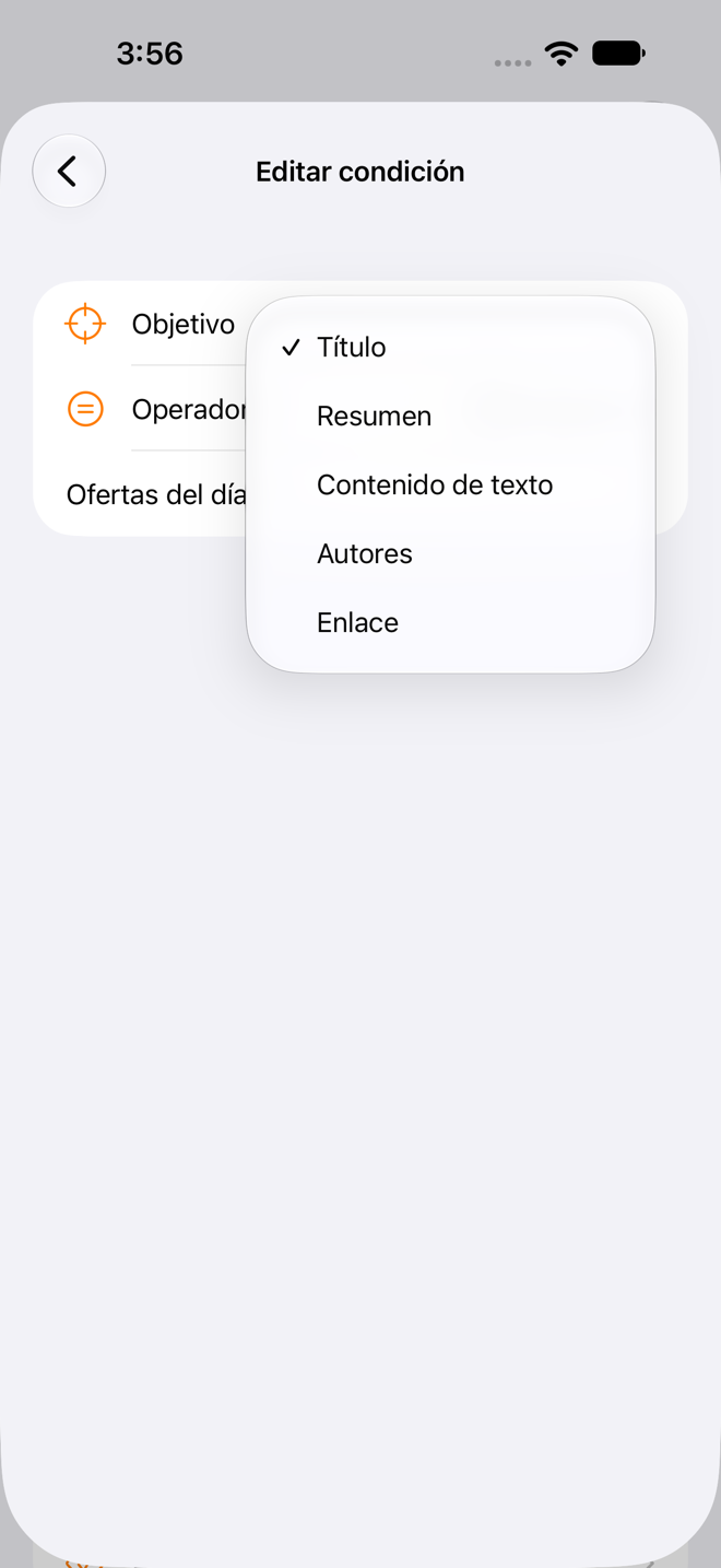 Editor de reglas con las opciones de condición y 'Ofertas del día' escrito como valor de prueba de la condición.