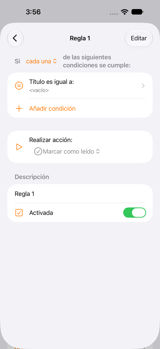 Pantalla de ajustes de Reglas con el editor abierto para una regla nueva.