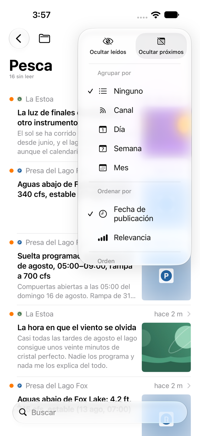 Bandeja de entrada con el menú Opciones abierto, con Ocultar leídos, Ocultar próximos, Agrupar por, Ordenar por, Tamaño de la vista previa y Marcar como leídos al desplazarse.
