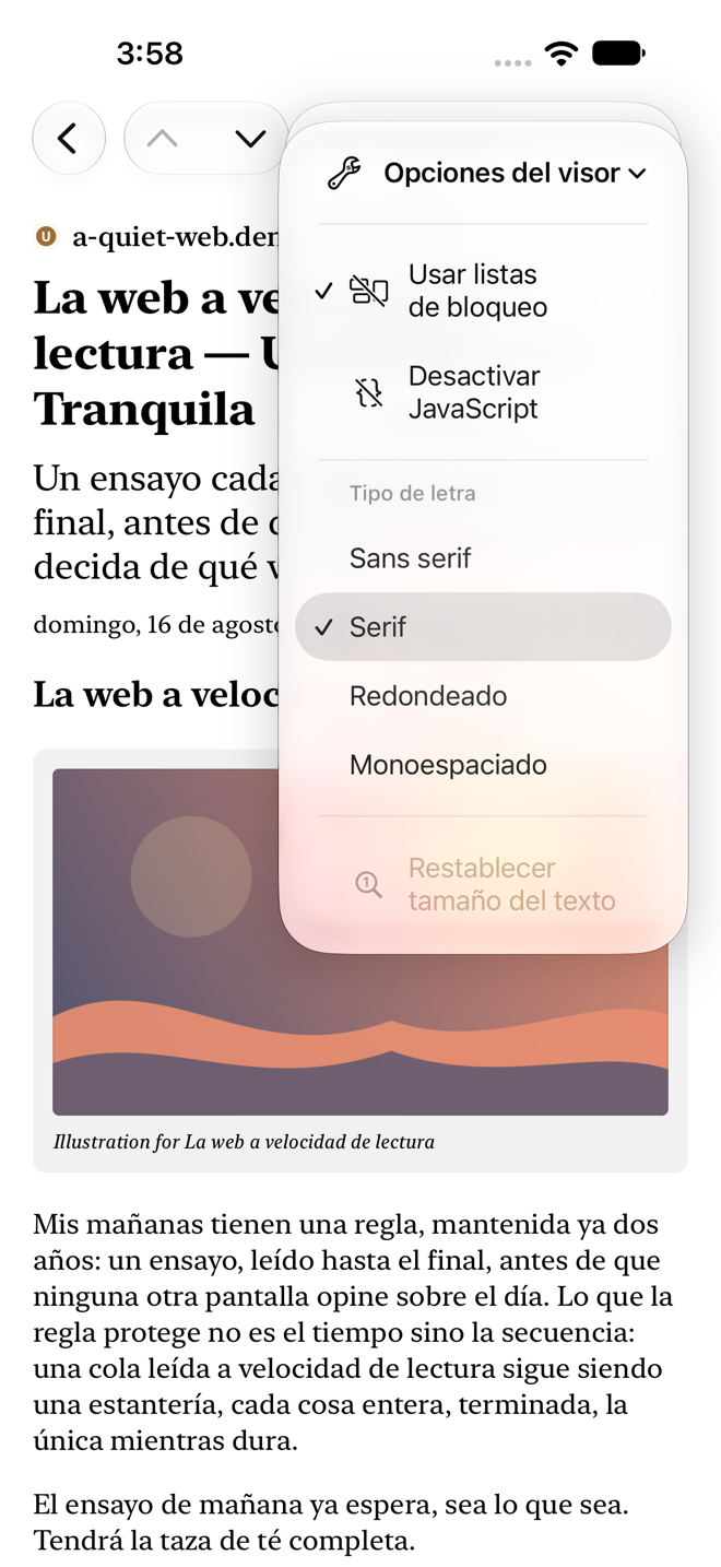 Menú Opciones del visor abierto desde la barra de herramientas de detalle, con Usar listas de bloqueo, Desactivar JavaScript, el selector de tipografía y los controles de tamaño del texto.