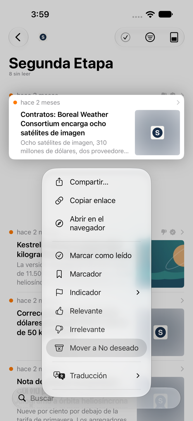 Menú que aparece al mantener presionada la vista previa de un artículo, con Mover a No deseado entre las acciones.