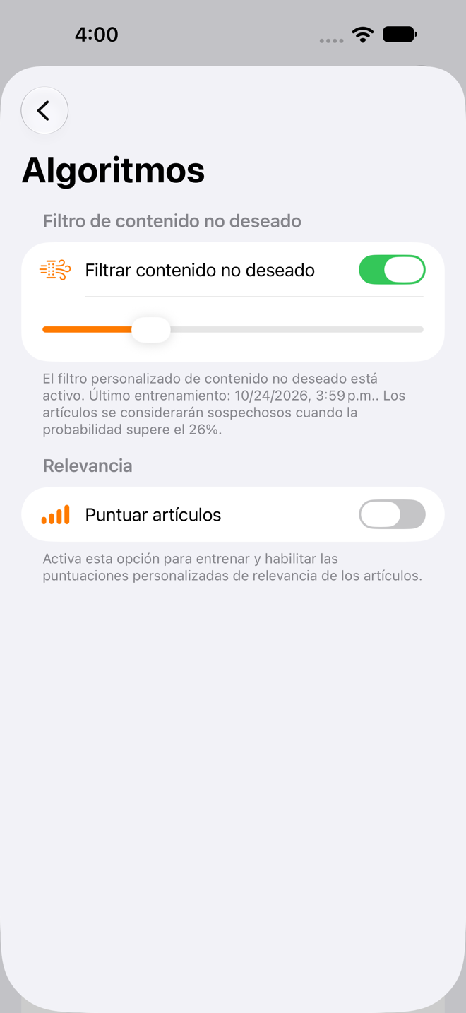 Pantalla de ajustes de Algoritmos con Filtrar contenido no deseado activado en la sección Filtro de contenido no deseado y el control deslizante Umbral debajo.