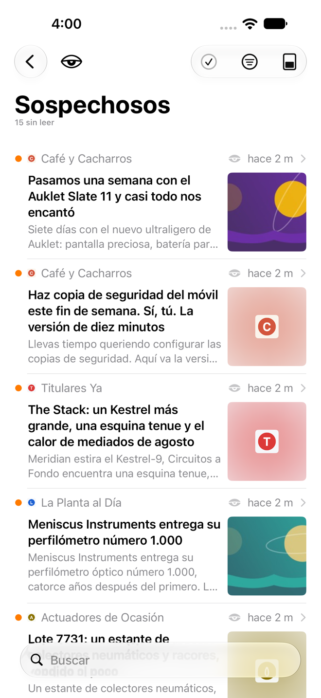 Panel Sospechosos con los artículos retenidos por el filtro de contenido no deseado.