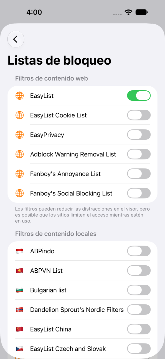 Pantalla de ajustes de Listas de bloqueo con una lista de filtros activada.