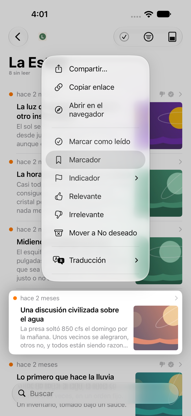 Menú que aparece al mantener presionada la vista previa de un artículo, con Compartir, Copiar enlace, Abrir en el navegador, Marcar como leído, Añadir marcador, Indicador, Relevante, Irrelevante, Mover a No deseado, Traducción, Ir al canal y Eliminar.