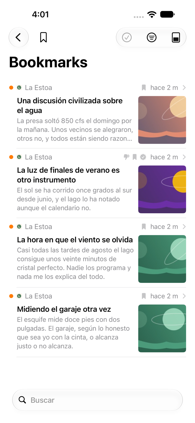 Panel Marcadores con los artículos guardados.