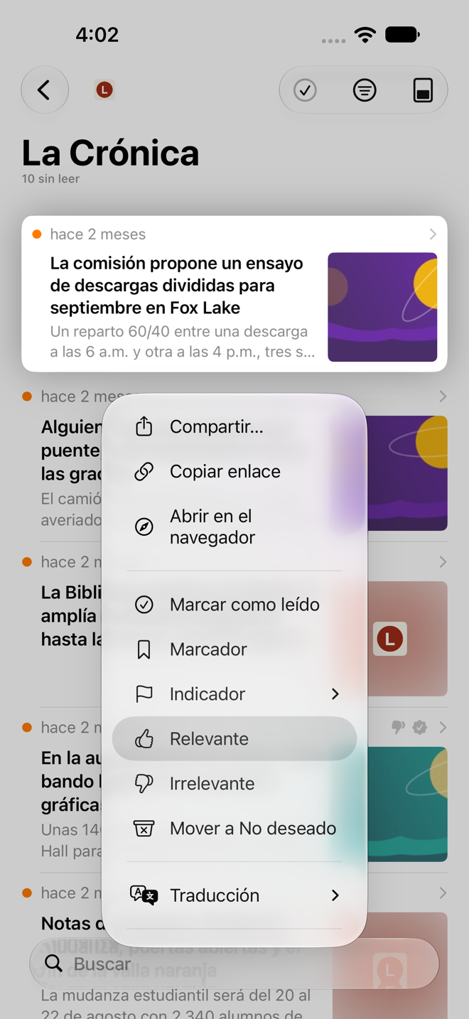 Menú que aparece al mantener presionada la vista previa de un artículo, con las opciones de calificación Relevante e Irrelevante.