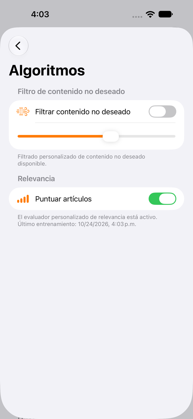 Pantalla de ajustes de Algoritmos con el Evaluador de relevancia activado.