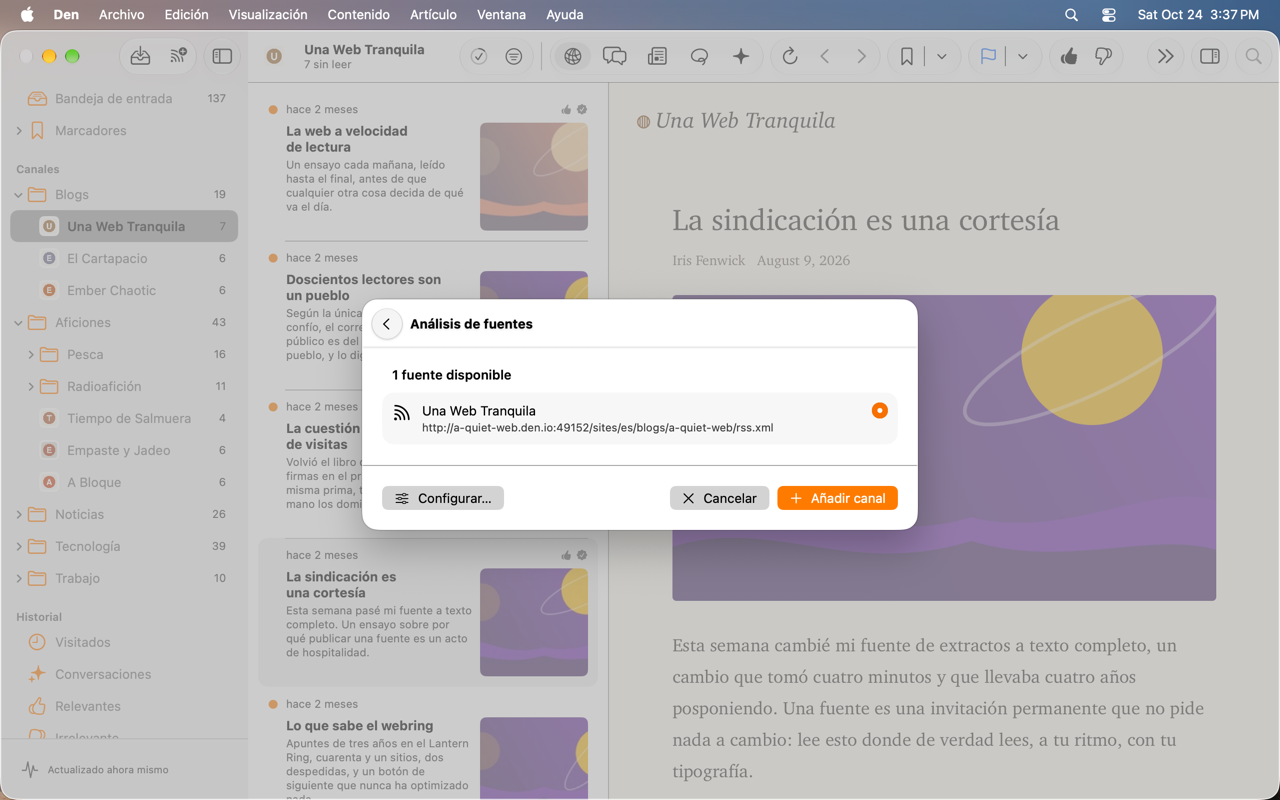 Pantalla de selección de fuente del panel de canal nuevo.
