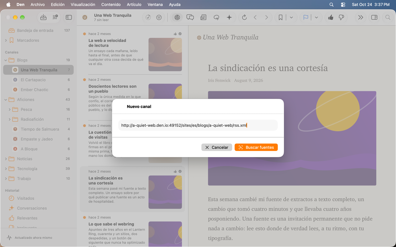 Pantalla de ingreso de URL del panel de canal nuevo.