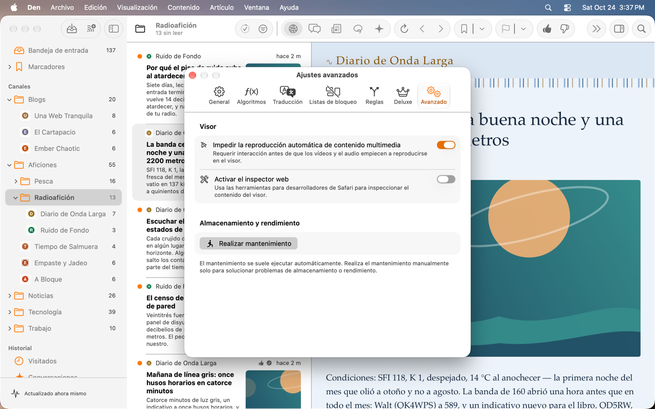 Sección Visor de los ajustes avanzados con los interruptores Impedir la reproducción automática de contenido multimedia y Activar el inspector web.