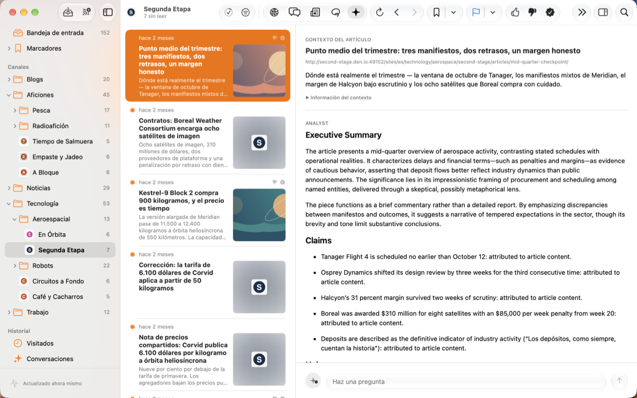 Conversación con el Analista con una evaluación del artículo generada.