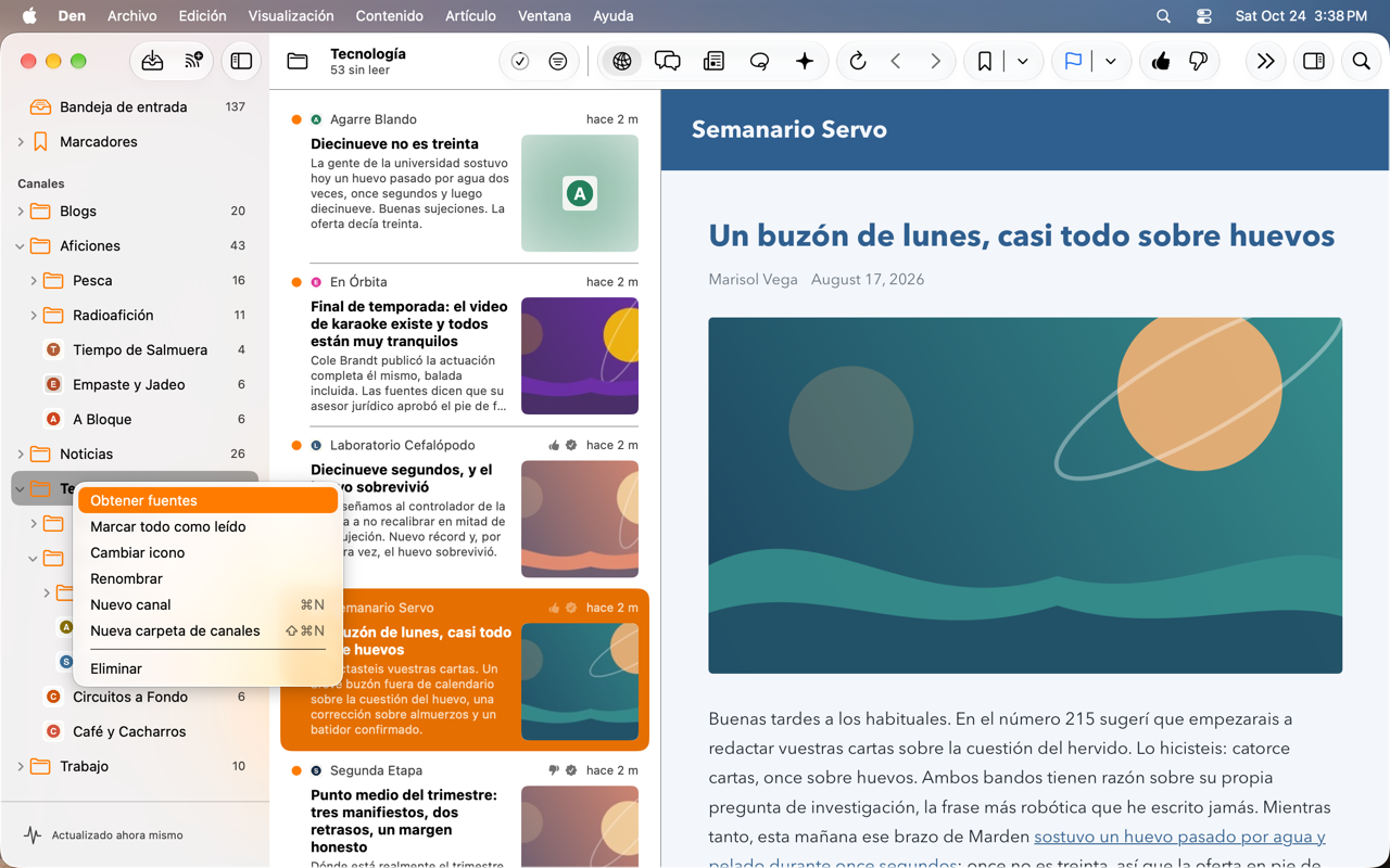 Menú contextual de una carpeta de canales en la barra lateral con Obtener fuentes resaltado