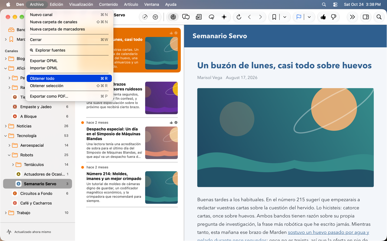 Menú Archivo desplegado con Obtener todo resaltado