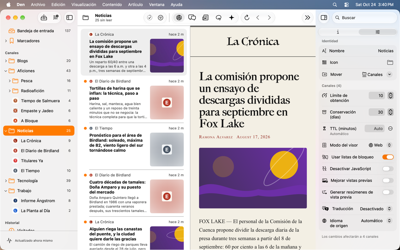 Pestaña Ajustes del inspector de carpeta con opciones que se aplican a todos los canales que contiene.