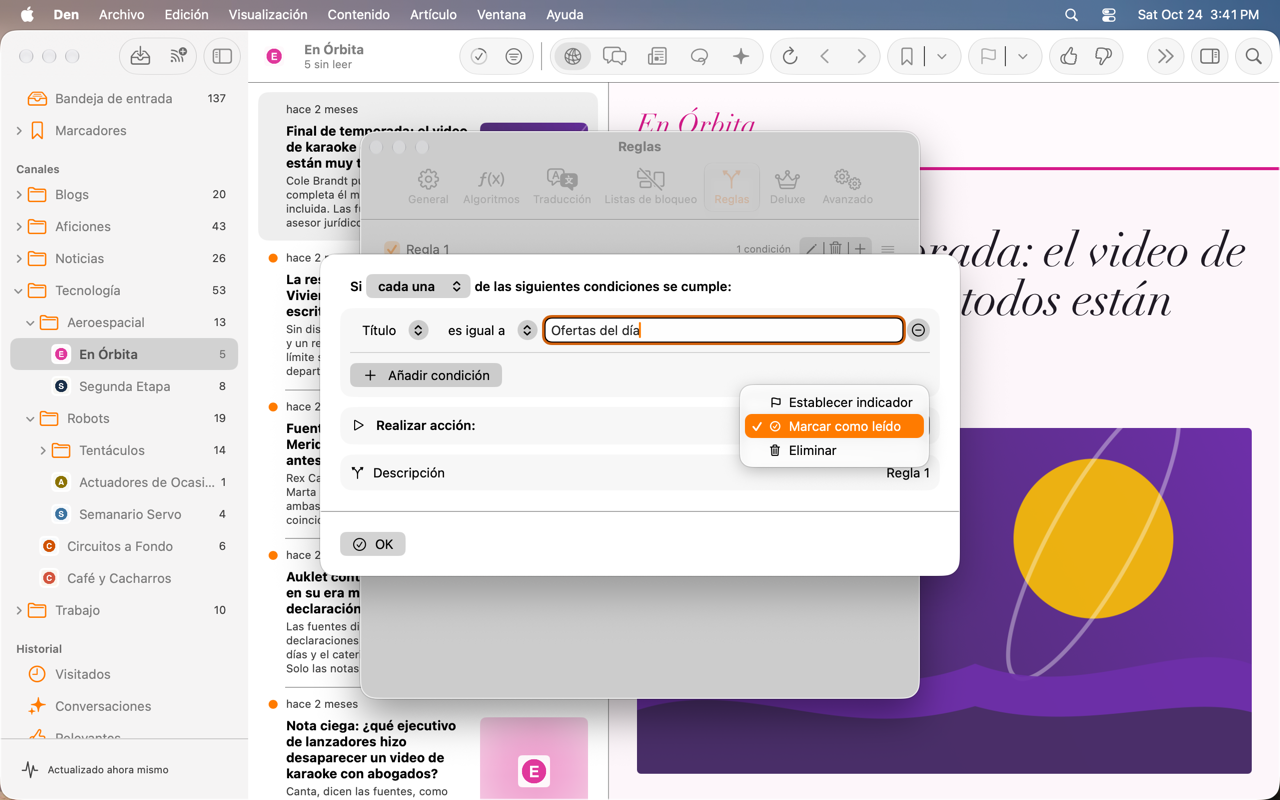 Editor de reglas con el selector de acción.