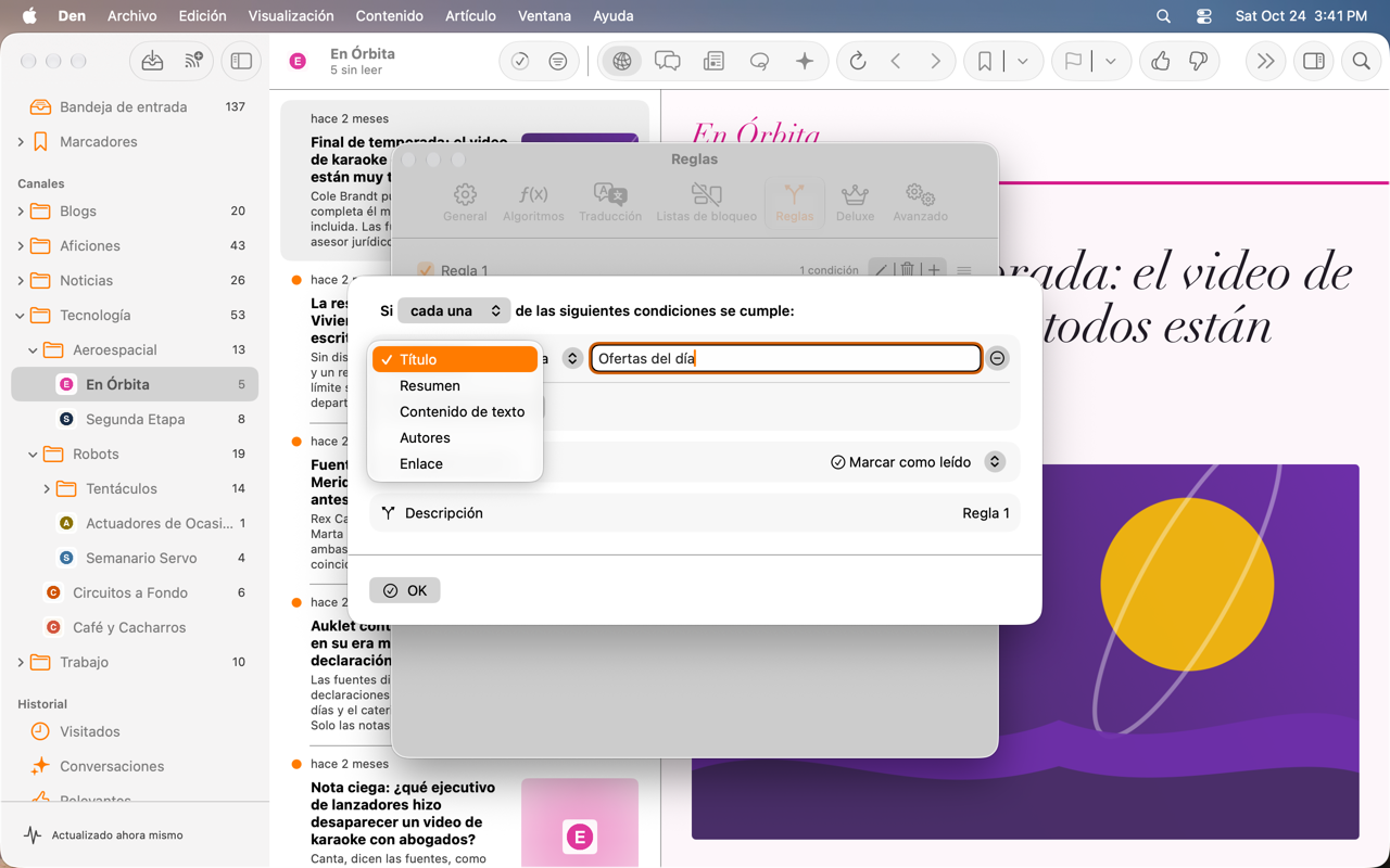 Editor de reglas con las opciones de condición y 'Ofertas del día' escrito como valor de prueba de la condición.
