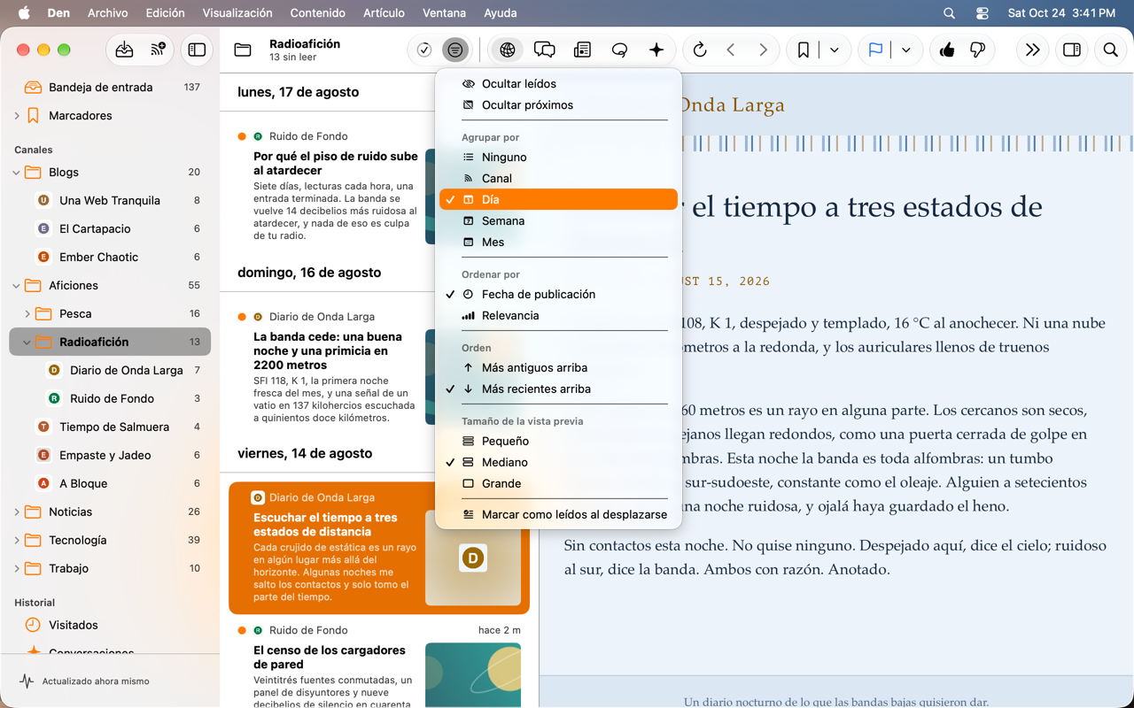 Menú de acciones de la columna de contenido