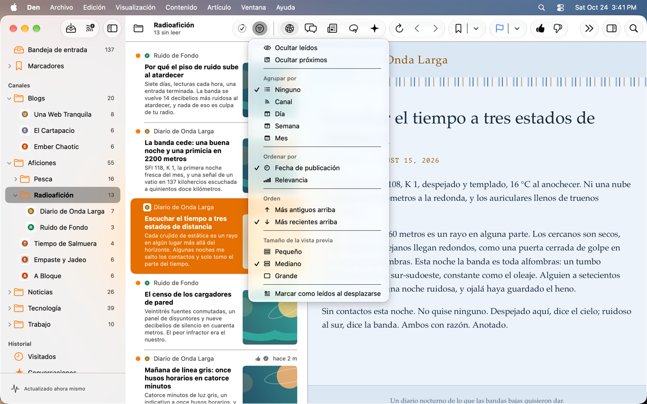 Menú de filtros de la columna de contenido con Ocultar próximos activado