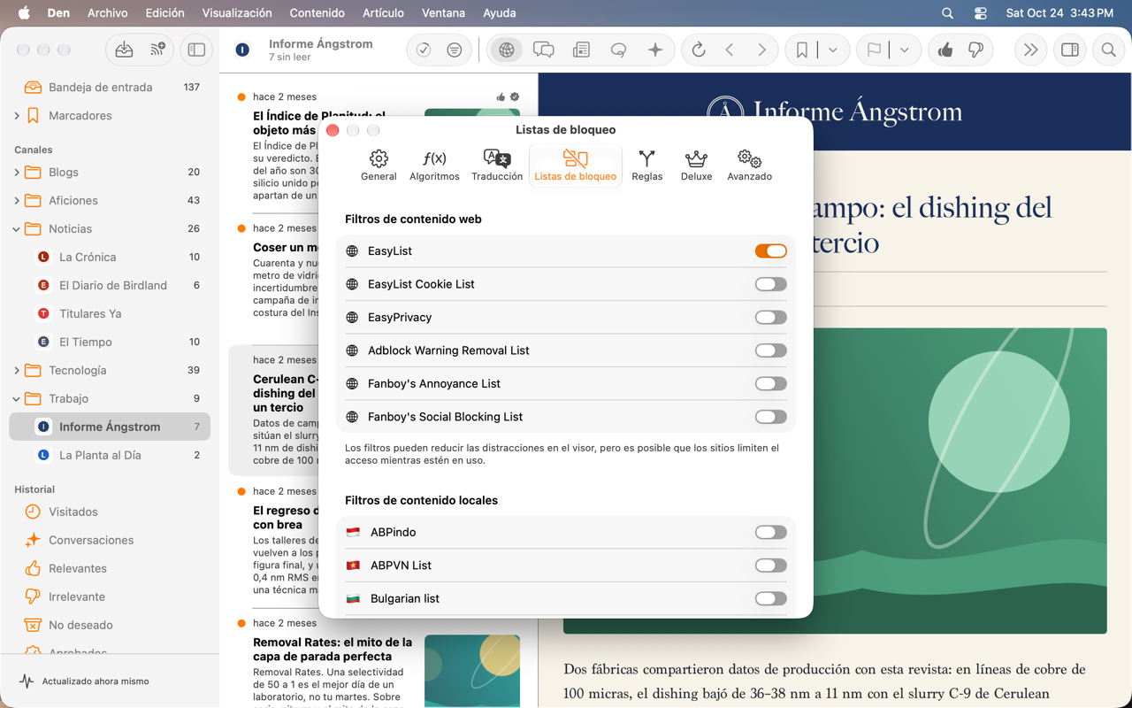 Ajustes de Listas de bloqueo con una lista de filtros activada.