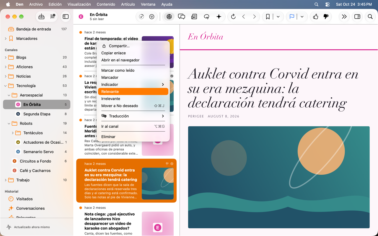 Menú contextual de un artículo con las opciones de calificación Relevante e Irrelevante.