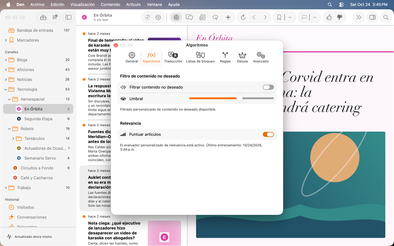 Ajustes del puntuador de relevancia con la puntuación activada.